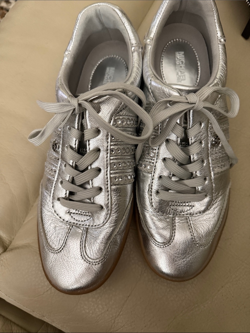 Michael Kors Metallic Silver Lace-Up Sneakers with Stud Accents